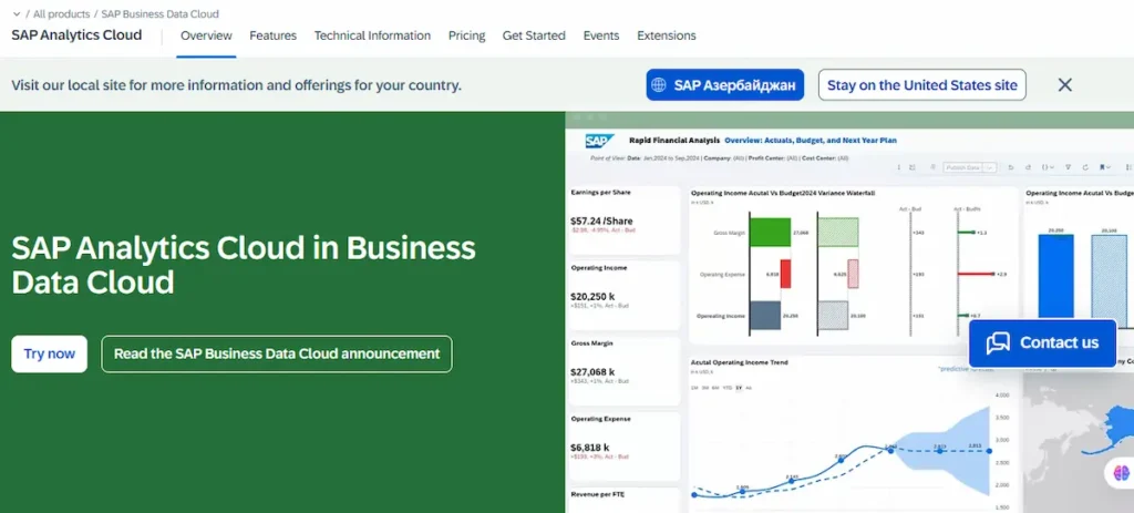 SAP Analytics Cloud home page displaying cloud-based analytics solutions