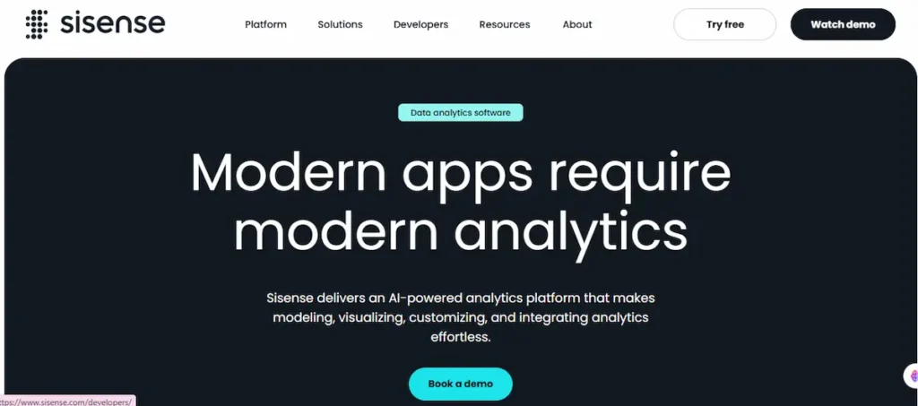 Sisense home page featuring advanced analytics platform