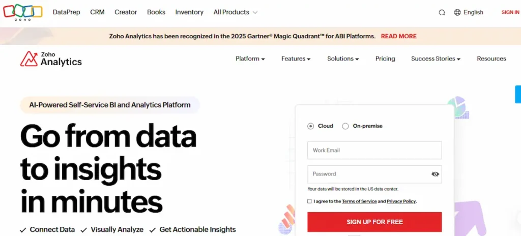 Zoho home page displaying integrated business analytics tools