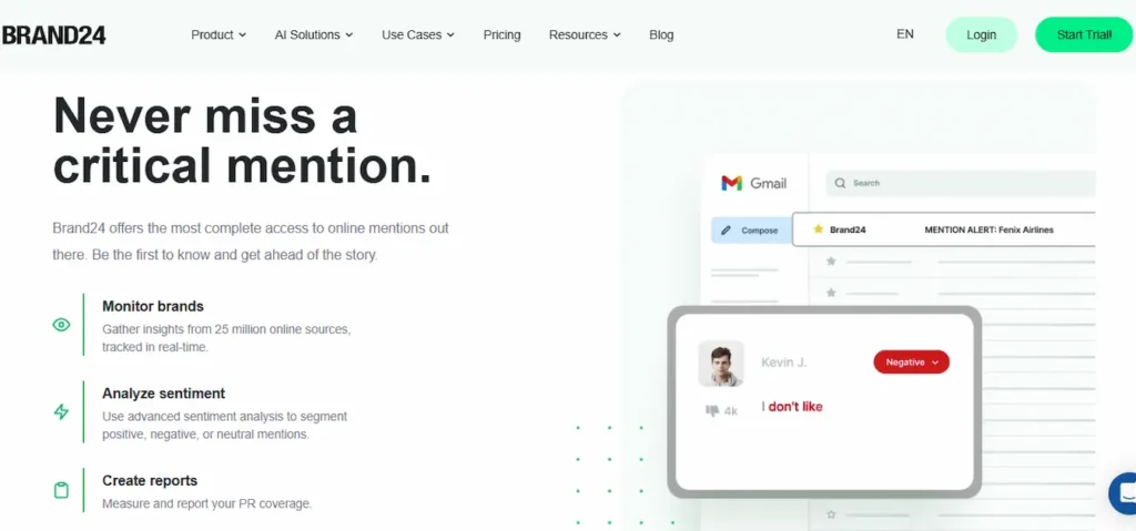 Brand24 home page showing business analytics tools for smarter decisions